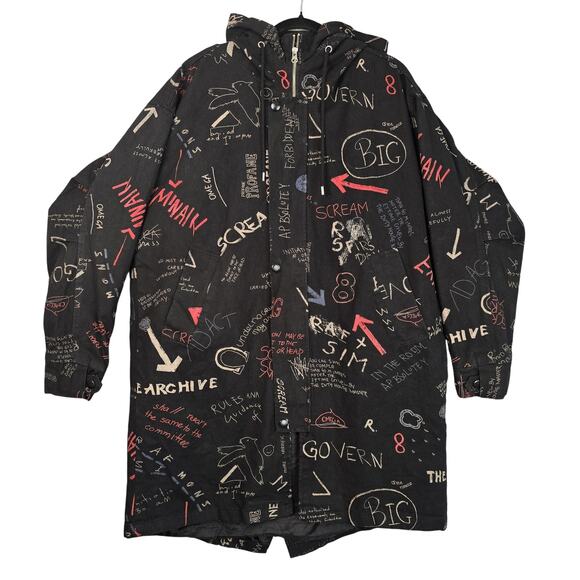 America Jacket Mens Large Black Hooded Parka Full Zip All Over Print Graphic